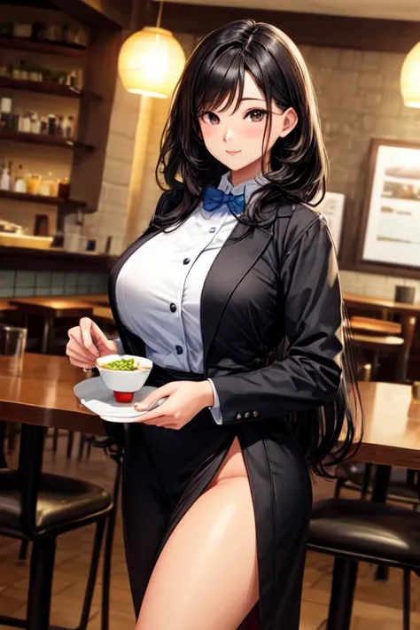 Woman, black eyes, big skin color, big black hair, and wearing restaurant outfit 