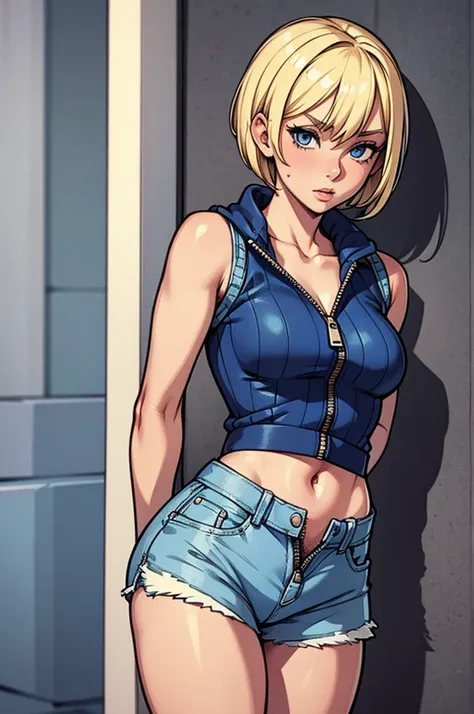 Blonde girl, short hair, blue eyes, with flushed cheeks, wearing a blue top zipper open, wearing tight, short denim shorts with the zipper open, showing her striped panties