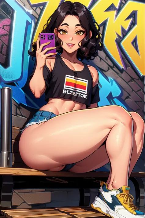 (extremely detailed CG unity 4k wallpaper),(masterpiece),(best quality),(ultra-detailed),(best illustration),(best shadow),(absurdres),(detailed background) femboy, cute, taking a selfie, soft body, brown eyes, american, long curly black hair, Daisy dukes,...