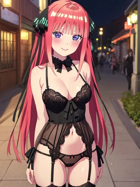 best quality, insanely detailed, nino nakano, breasts, blush, outdoor background, bare-shoulder, looking at viewer, garter strap, a black ribbon, stockings, pussy, smile, lingerie garterbelt