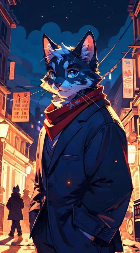 a complete body, anthropomorphic senior adult cat wearing a blue hoodie., pants and a red scarf around the neck, beautiful face ...