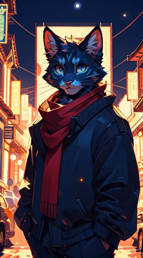 a complete body, anthropomorphic adult cat wearing a blue hoodie., pants and a red scarf around the neck, beautiful face , posin...