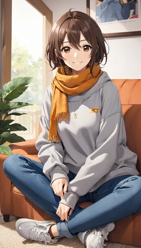 Bell, anime, Brown Hair, Medium chest, Brown eyes, A light smile, jeans, scarf, Grey sweatshirt, Blue pants, Sitting, Sitting cross-legged, Inside the smart home, Sitting on the couch, Shino Asada&#39;s Face, anime Sword Art Online, Highest quality