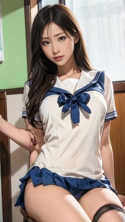 arafed asian woman in a sailor suit sitting on a chair, realistic Young Gravure Idol, Cute school girl, a Surreal school girl, Young and cute gravure idol, Surreal school girl, wearing Japanese , Young Gravure Idol, Japanese girl , Japanese , Young Sensual...