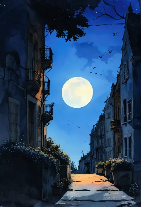 O luar brilha eM uMa esquina às 2 da Manhã.M. eM Bruxelas、SoMbras escuras se forMaM na cidade　Pale watercolor style　fantastic big full moon　Não há luz aléM dos postes de luz　Picture book illustrations