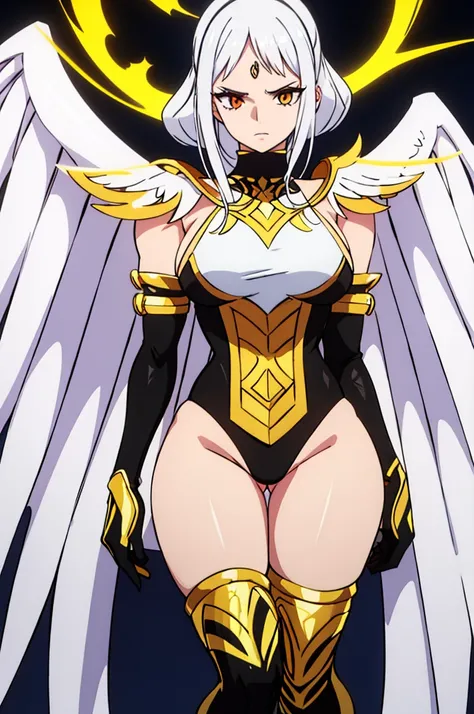 muscular woman, muscular, white wings on back, silver hair, golden eyes, black and gold outfit, black sock with gold stripe.(fully body)