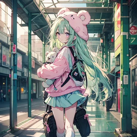 1 girl、Mature、Ample breasts、Long Hair、Mint green hair、Pink Eyes、Look to the side、look back、Carrying a teddy bear backpack、Miniskirt、Knee-high、Platform sneakers、Arm Covers、smile、High resolution、Highest quality