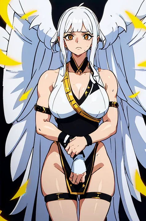 muscular woman, muscular, white wings on back, silver hair, golden eyes, black and gold outfit, black sock with gold stripe.(fully body)