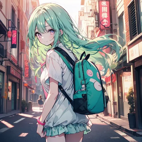 1 girl、Mature、Ample breasts、Long Hair、Mint green hair、Pink Eyes、Look to the side、look back、Carrying a teddy bear backpack、Miniskirt、Platform sneakers、Arm Covers、smile、High resolution、Highest quality