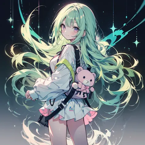 1 girl、Mature、Ample breasts、Long Hair、Mint green hair、Pink Eyes、Look to the side、look back、Carrying a teddy bear backpack、Miniskirt、Platform sneakers、Arm Covers、smile、High resolution、Highest quality