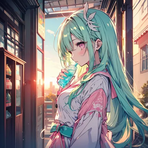 1 girl、Mature、Ample breasts、Long Hair、Mint green hair、Pink Eyes、Sailor suit、Bust-up perspective、Drink ramune、profile、Fleeting、Gentle Sunset、Window、High resolution、Highest quality