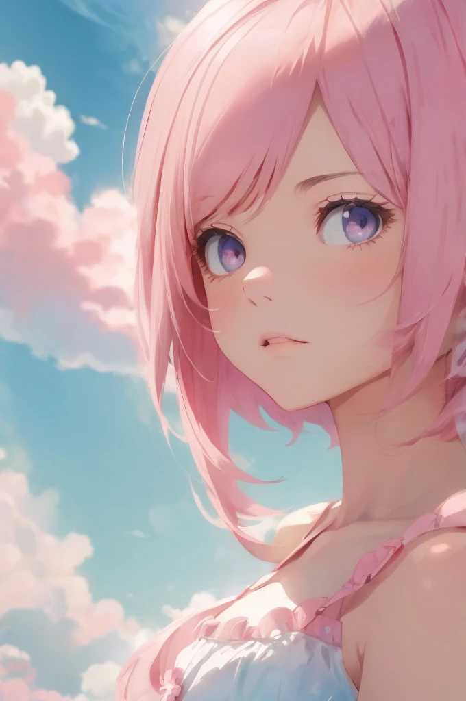 Absurd, High resolution, Very detailed, A beautiful girl merged into a pink cloud floating in the sky, Bob cut blended into the clouds, (Hold Pink Cloud), sy3, de luz, Pale pink style, Pale colors, Bright colors, Fantasy watercolor style, Soft Blending, A ...