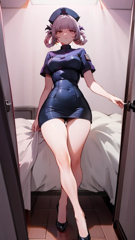 masterpiece,high quality, Beauty,A girl in a tight nurse costume stands in her room, big hips, , Long legs, Short skirt