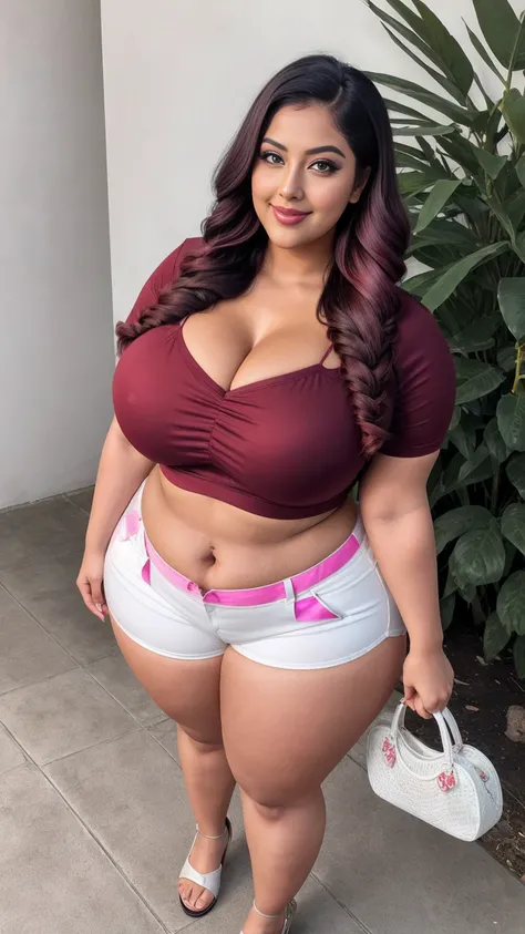 gorgeous curvy plus size Indian bengali actress ritavori , glowing eyes, wearing SHEIN Young Boy Spider Print Short Sleeve T-Shirt And Shorts Set With Bag  Color: Red , covered Bust, parted lips, blushing cheeks, thick thighs, bigger waist, busty, curvy pl...