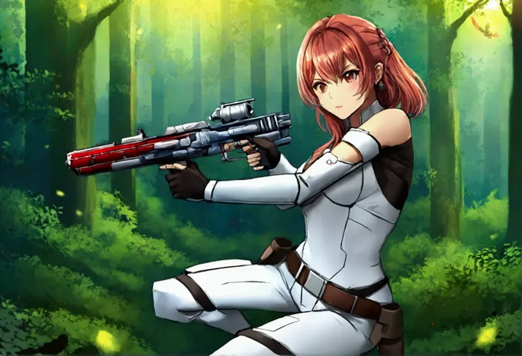 Star Wars (Lalisa Manobal, age 25, sexy combat outfit, very detailed blaster pistol) is a Rebel mercenary raiding an imperial convoy in a temperate forest. Action pose
