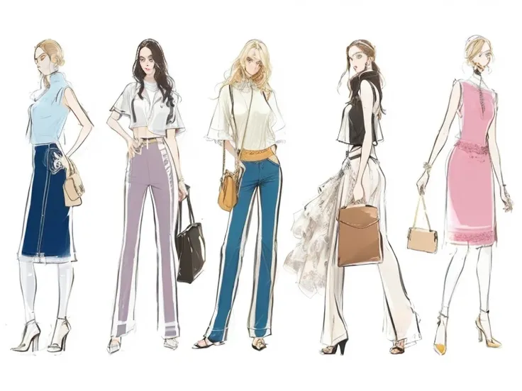 Group of women in various outfits and carrying bags and purses, figure!, Designer clothing, Fashion concept art, Fashion Research, detailed fashion figure, Fashion Clothing, Fashion Reference Sheet, Fashion pose, fashion figure, Fashion Design, Casual clot...