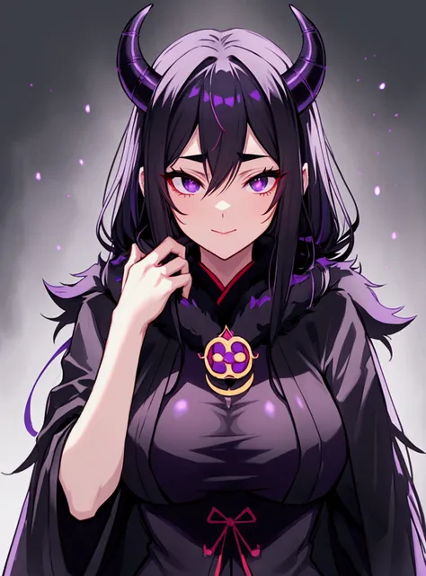 Big breats Long black hair black eyes girl wearing chinese dark purple ninja cloth and black fur coat black fur scarf. Purple demon horns chest skin visible