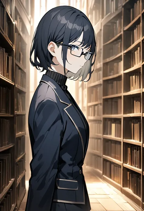 slightly mature, square glasses, black turtleneck, a beige-color two-button blazer, dark navy-blue pants, and a pair black gloves, looking at viewer, short hair, female, upper body, standing, library background, bookshelfs, light hair, from the side