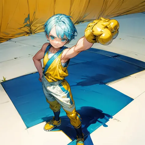 solo character, kid boy, full body version, blue half white colour hair, short haircut, yellow sleeveless shirt, blue track pant...