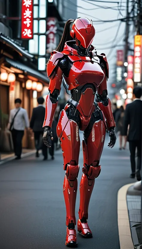 Girl walking on the street holding a phone texting, , walking next to a highly detailed and realistic samurai robot bodyguard with humanoid features. The setting is an urban street that appears to be in Japan, with a background of bright city lights and si...