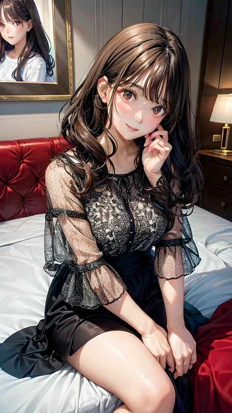 Brunette with curly black hair and brown eyes sitting on the bed admiring her mother 