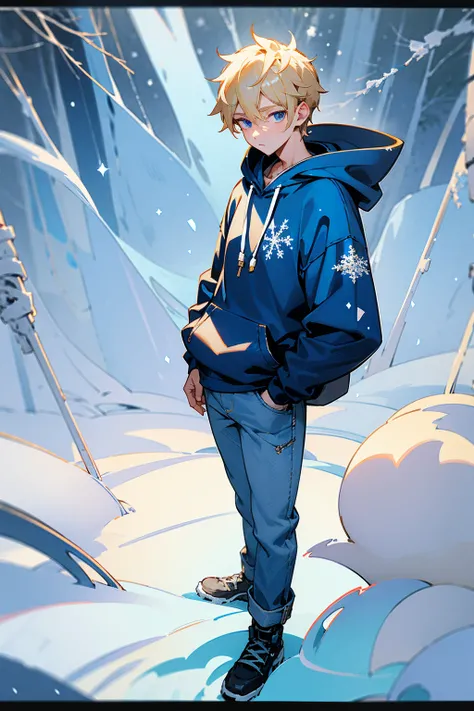 1male, sandy blonde hair, sky blue eyes, wearing a navy blue hoodie with white snowflake designs, baggy jeans, standing on a path, snowy forest with sparkling snowflakes, masterpiece, 8k.