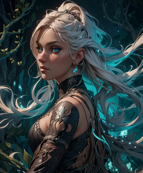 Design an interesting female fantasy character.  Create an imaginative, one-of-a-kind digital illustration featuring a original female human fantasy character interacting with elements of fantasy, with an emphasis on dark fantasy elements and designs for k...