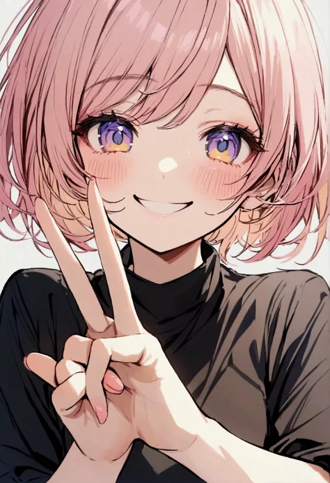 Young woman, Upper body, short hair, pink-yellow hair, blue-purple-yellow eyes, Blue Makeup, black shirt, simple background, smiling, peace sign hand, blushing
