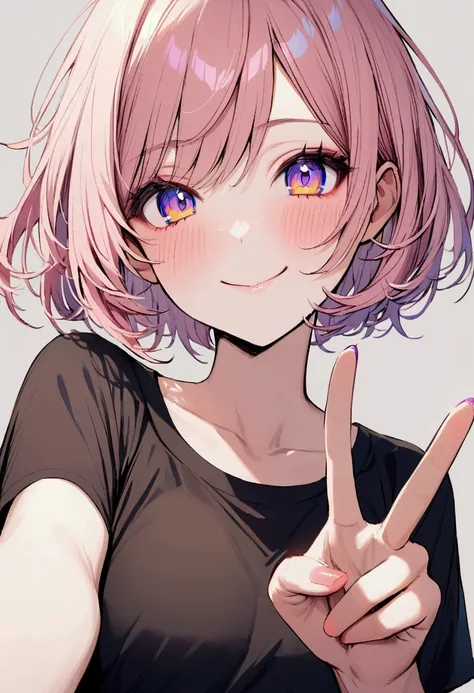 Young woman, Upper body, short hair, pink-yellow hair, blue-purple-yellow eyes, Blue Makeup, black shirt, simple background, smiling, peace sign hand, blushing
