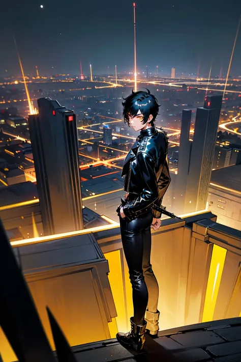 1male, short black hair, golden eyes, black leather jacket with silver spikes, dark jeans, black boots, standing on a moonlit rooftop, masterpiece, 8k, glowing city skyline, standing on path