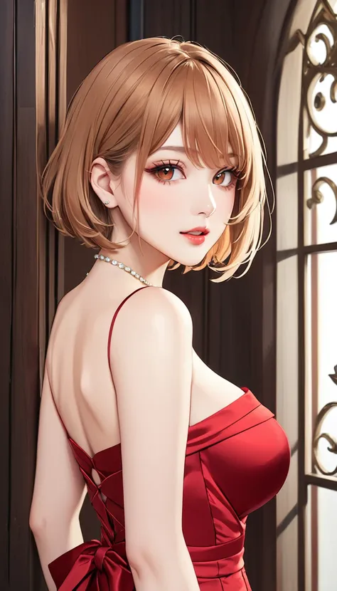 beauty、light brown hair、short hair、red evening dress、