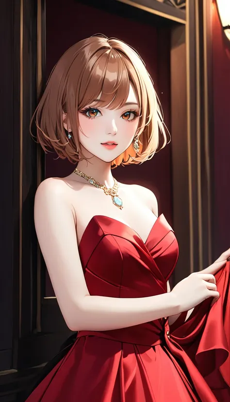 beauty、light brown hair、short hair、red evening dress、