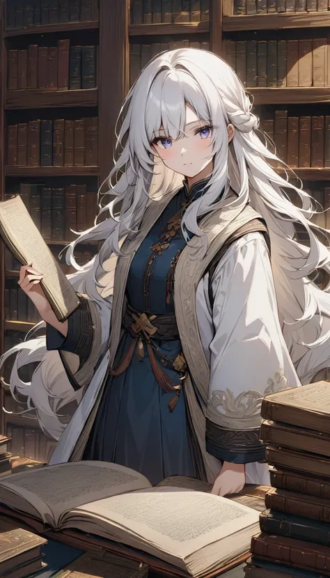 **68. One person。mysterious。Long-haired white-haired girl。Cowboy shot or close-up。 masterpiece , best quality , ultra detailed** - background: Old Library、Countless books lined up。 - Long-haired white-haired girl: Delicately drawn scholar-style outfit、Tran...