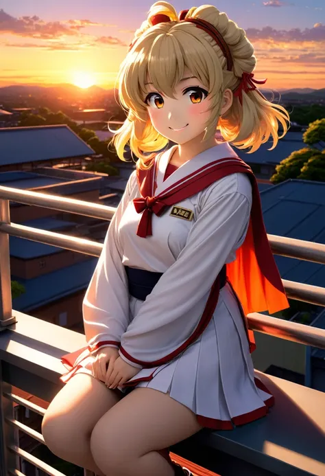 Character: Toga Himiko
Pose: Leaning against the railing and gazing at the sunset
Action: Smiling
Situation: School rooftop, sunset
Details: Wearing uniform, hair blowing in the wind