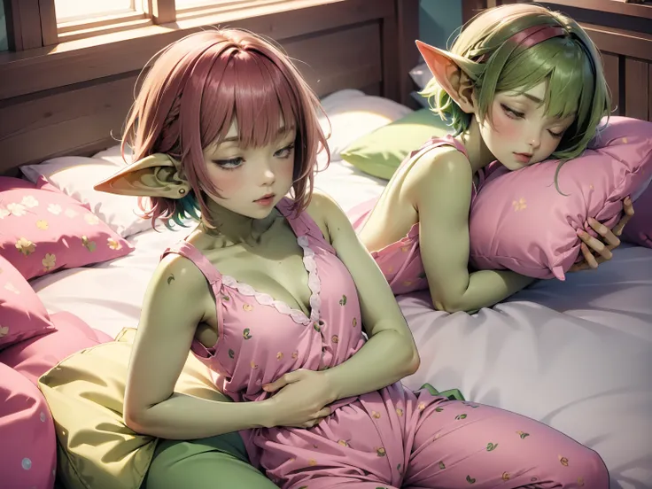 1 girl, short hair, green goblin girl, green skin, small pointy ears, ((rainbow hair)), wearing pajama shirt and pink panties, no bra, asleep in bed, full body, in colorful girls bedroom, pillow hug, eyes closed, asleep, (1girl), ((solo))