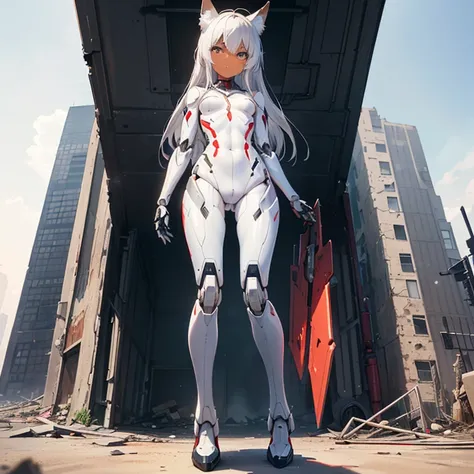 (8k, Realistic, RAW Photos, Highest quality, (from below:2), View your viewers: 1.3), (Fox Girl, Fox Ears, Silver Hair, One Girl, Long Hair, (Alone on the screen, dark skin), High definition:1.6), (mecha musume, Machinery Parts,Robot Joints, (White and red...