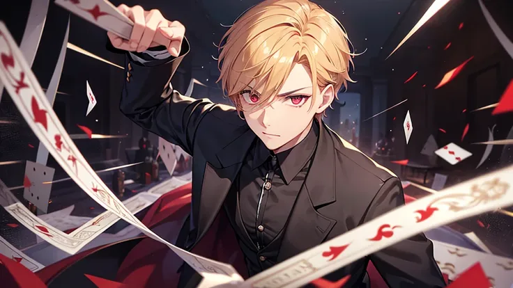 1 boy,handsome,black short hair, conjunctivitis, Side parted hairstyle, vampire, handsome, Elegant and charming magician，ruby eyes，short blonde hair，Emitting a bright light，Behind there were countless skeletons.，Scatter the cards down.，Anime，handsome，look ...