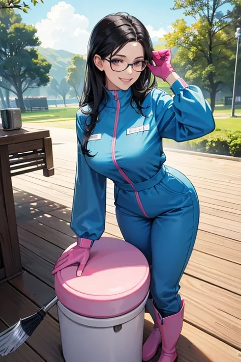 A mature woman with black hair and glasses wearing large pink rubber gloves and white rubber boots, smiling, holding a deck brush and talking to a  in a park toilet, wearing a blue long-sleeved jumpsuit