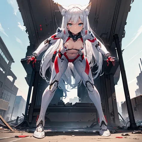 (8k, Realistic, RAW Photos, Highest quality, (from below:2), View your viewers: 1.3), (Fox Girl, Fox Ears, Silver Hair, One Girl, Long Hair, (Alone on the screen, dark skin), High definition:1.6), (mecha musume, Machinery Parts,Robot Joints, (White and red...