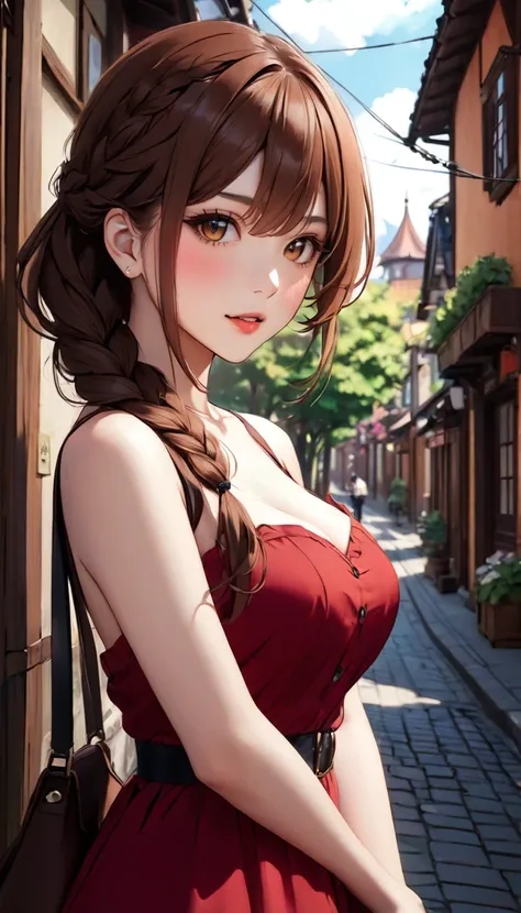 beauty、brown hair、braid、date、town