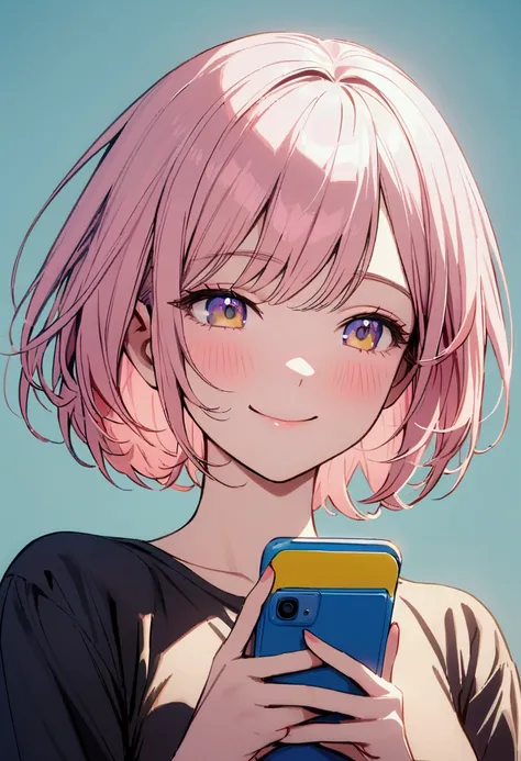 Young woman, Upper body, short hair, pink-yellow hair, blue-purple-yellow eyes, Blue Makeup, black shirt, simple background, smiling, blushing, holding an android phone
