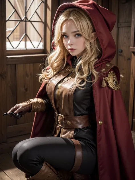 a very cute woman elf with curly light blonde hair and brown eyes, wears a stylized costume consisting of an iconic hood, a long dark coat, a light vest, a red sash around the waist, dark pants, high boots and gloves. The costume is decorated with historic...