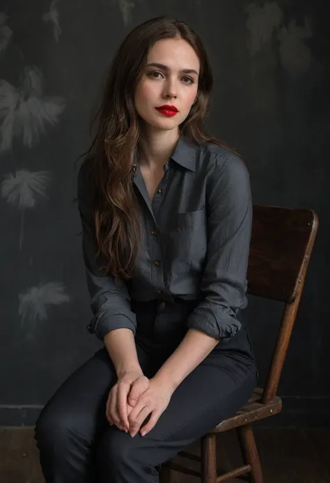 A woman with fair skin, red lipstick, and long brown hair, wearing a dark gray button-up shirt and dark pants, seated on a wooden chair, left elbow on knee and hand touching chin, looking directly at the camera with a thoughtful expression, against a dark ...