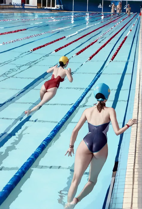 A group of swimmers are racing in a pool, cute women near 20 (athletic), buoy lines separate the swimmers lanes, high action, camera is low to the lead swimmers lane, photograph
