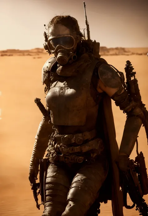 ((best quality)), ((​masterpiece)), (detailed), dystopian australian wasteland, mad max , desert, 1 figure, sexy woman, heavy bo...