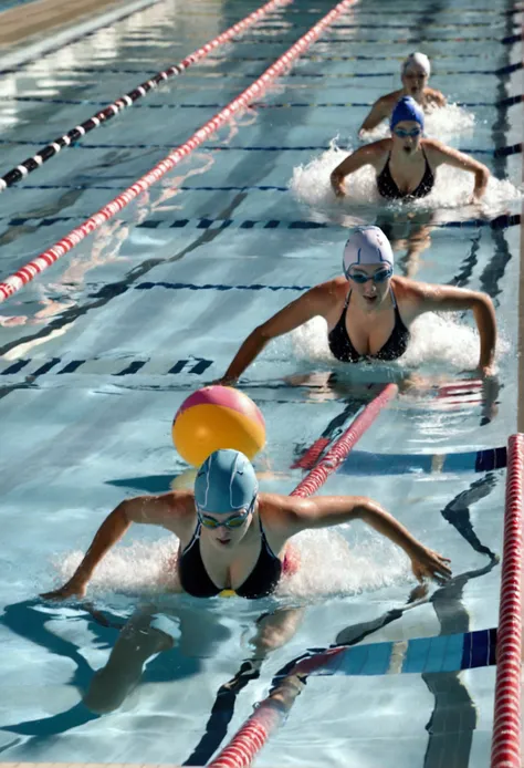 A group of swimmers are racing in a pool, cute women near 20 (athletic), buoy lines separate the swimmers lanes, high action, camera is low to the lead swimmers lane, photograph
