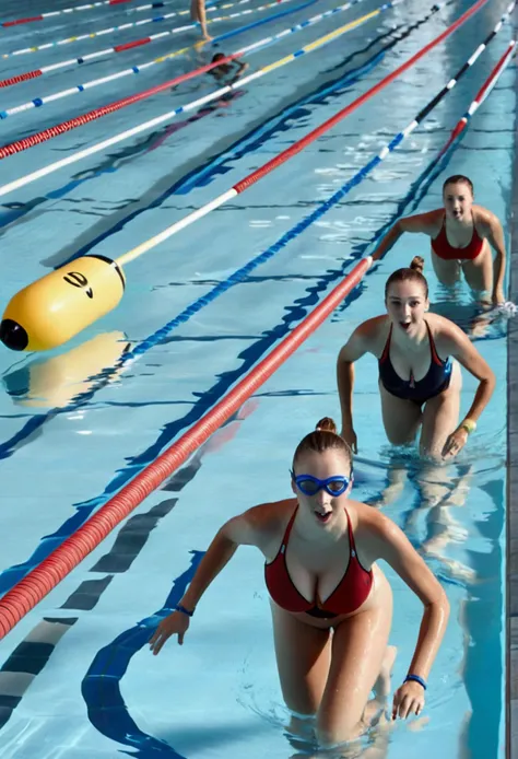 A group of swimmers are racing in a pool, cute women near 20 (athletic), buoy lines separate the swimmers lanes, high action, camera is low to the lead swimmers lane, photograph
