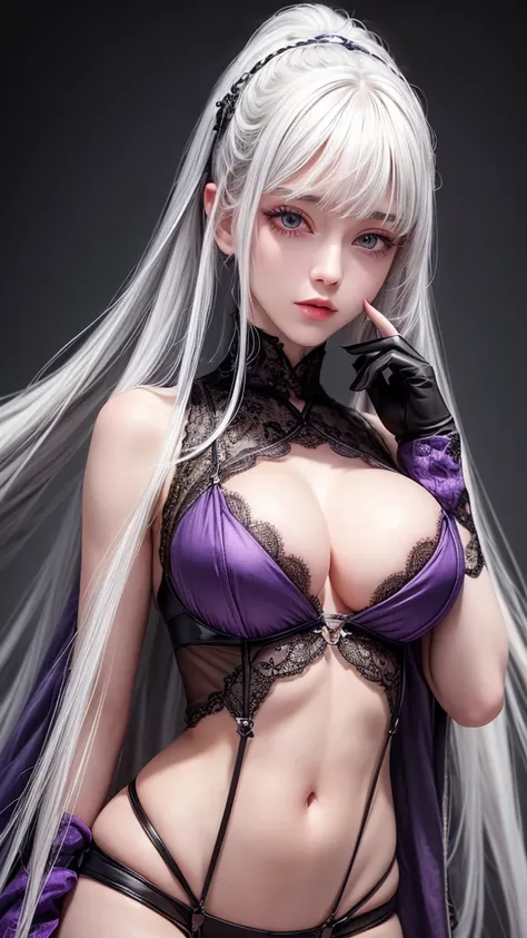 girl with white hair,with bangs, black gloves, purple clothes, green eyes,4K, masterpiece, perfect body, stem,perfect eyes, perfect shading, perfect lighting, best quality, work of art, ultra detailed, detailed clothing