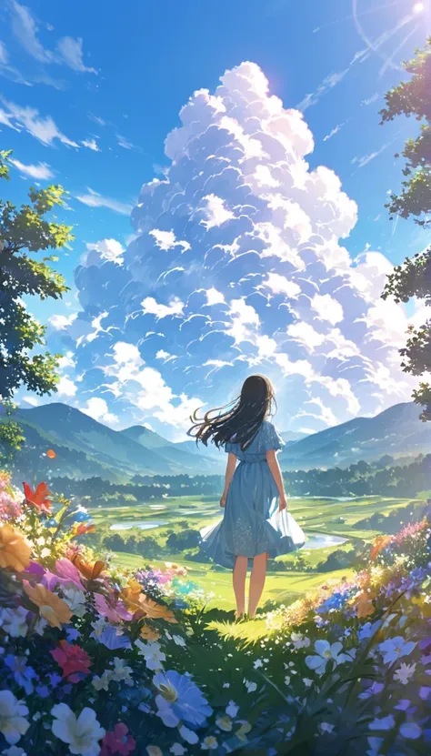 "Illustrate a serene, peaceful nature scene in summer with vivid, beautiful colors in photorealistic 8K quality. Show an 18-year-old anime girl standing on a lush mountain, reaching towards the endless blue sky, facing away from the screen. Below her, gree...