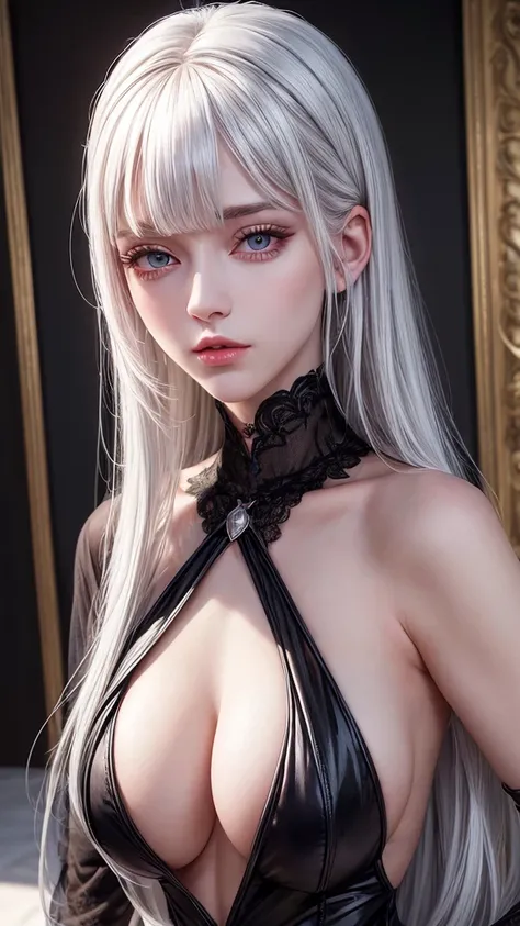 girl with white hair,with bangs, black gloves, purple clothes, green eyes,4K, masterpiece, perfect body, stem,perfect eyes, perfect shading, perfect lighting, best quality, work of art, ultra detailed, detailed clothing